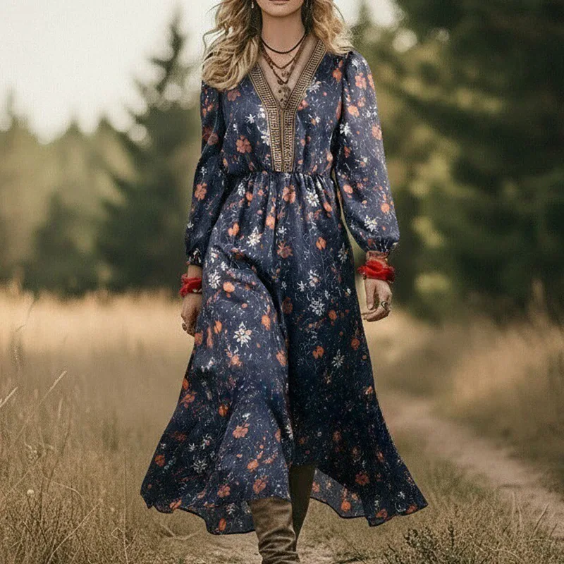 

New European American Women's Long Sleeve Printed Retro Maxi Dress Bohemian Style For Spring Autumn