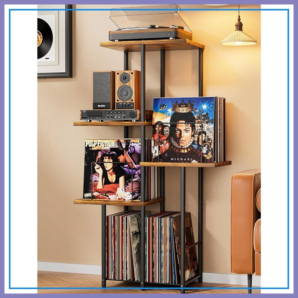 

43" Record Player Stand with Vinyl Storage Shelves, Turntable Table with Dividers, Mid Century Modern Wood Console
