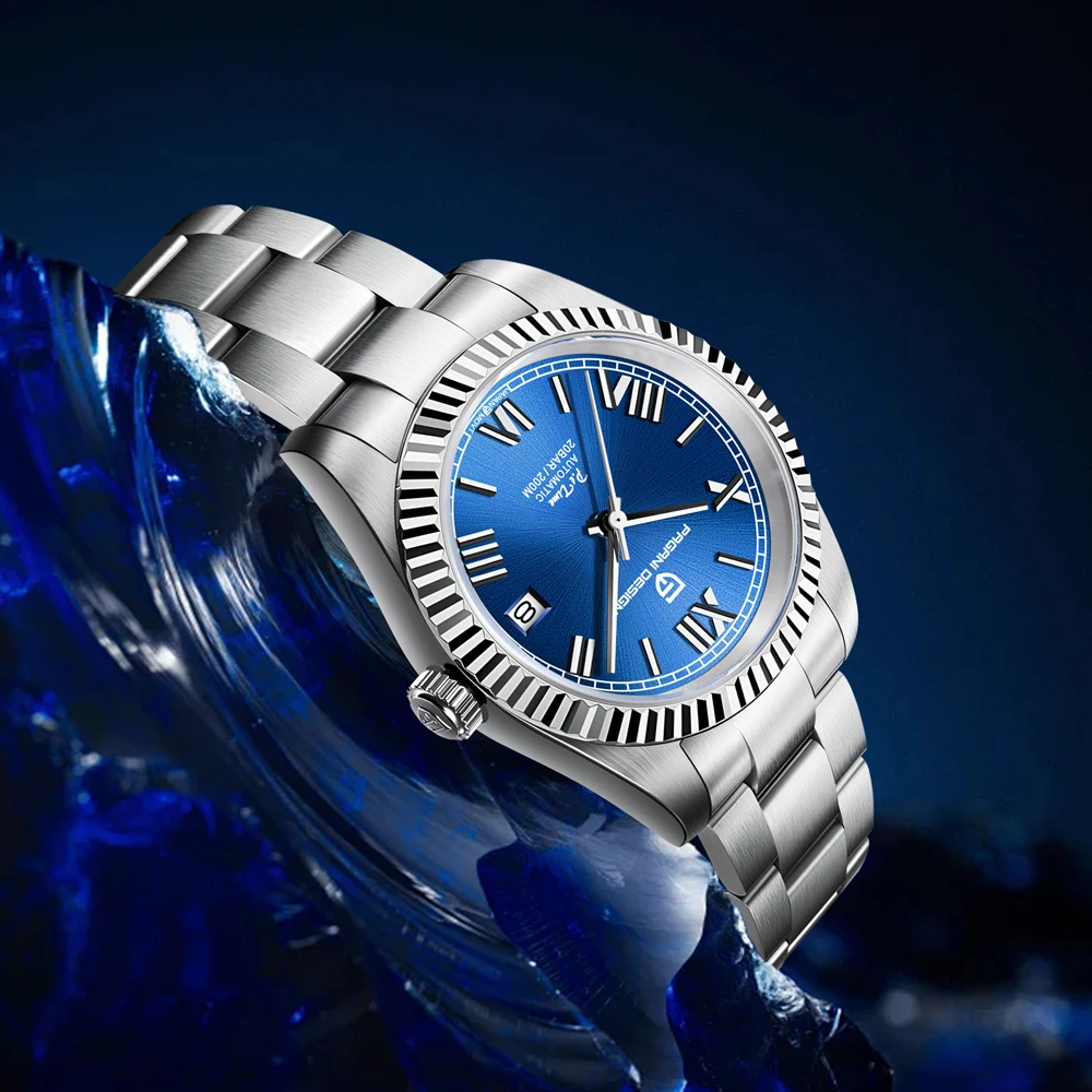 PAGANI DESIGN ساعة أوتوماتيكية عصرية ميكانيكية للرجال بمؤشر روماني زجاج الياقوت 200 متر مقاومة للماء ساعات من الفولاذ المقاوم للصدأ