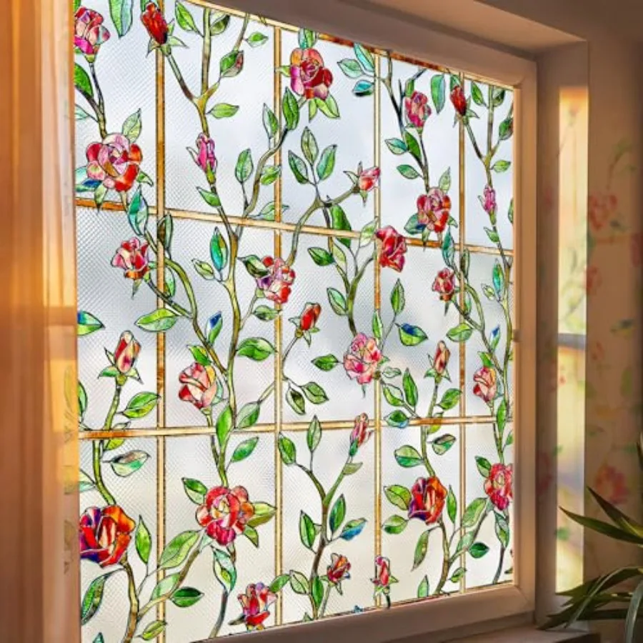 

Stained Glass Window Film, 3D Rose Floral Decorative Window Covering, Light Diffusing Privacy Static Cling Film for Bathroom Li