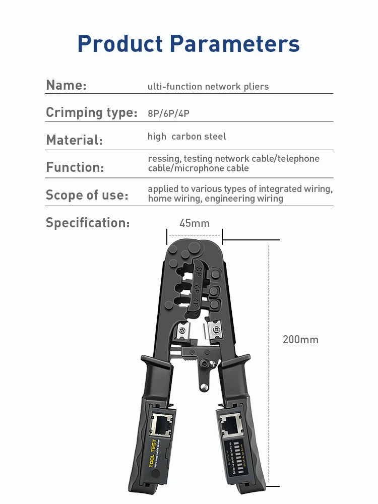 ZoeRax RJ45 RJ12 RJ11 Netzwerk-Crimpwerkzeug 8P6P4P Tester mit Abisolier-, Schneid-, Crimp- und Testfunktionen (Batterie nicht enthalten) – Detail 10