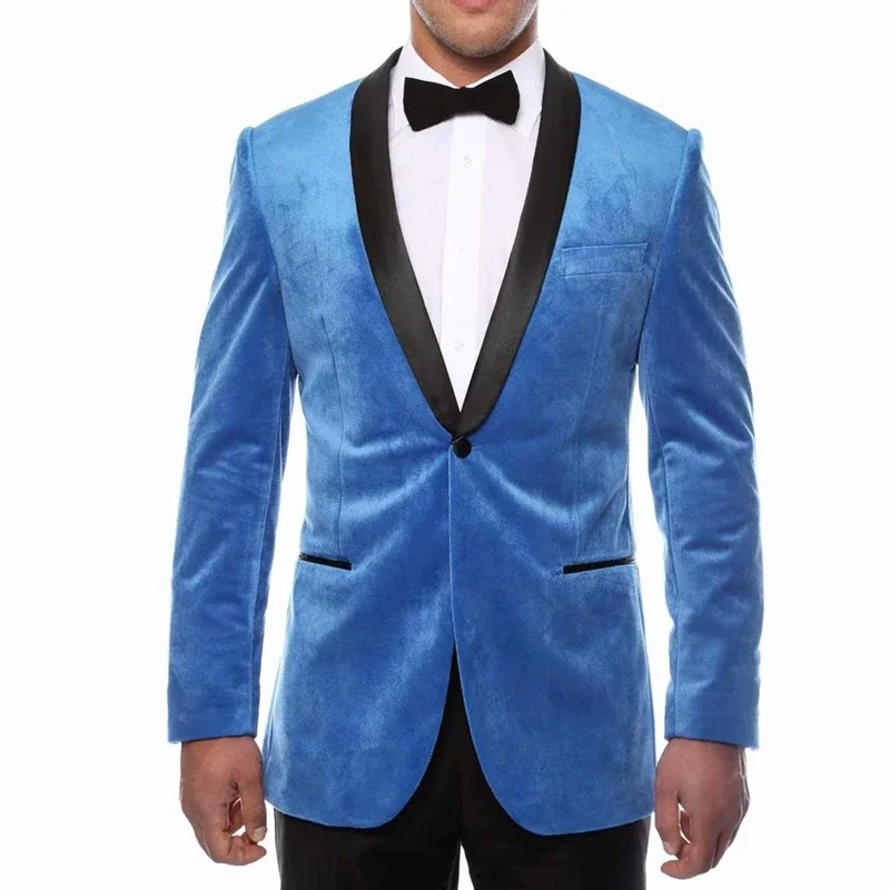 

Autumn Blue Velvet Elegant Men Suit Groom Tuxedo Prom Slim Fit Blazer Hombre Shawl Lapel High Quality Custom Costume 2 Piece Set