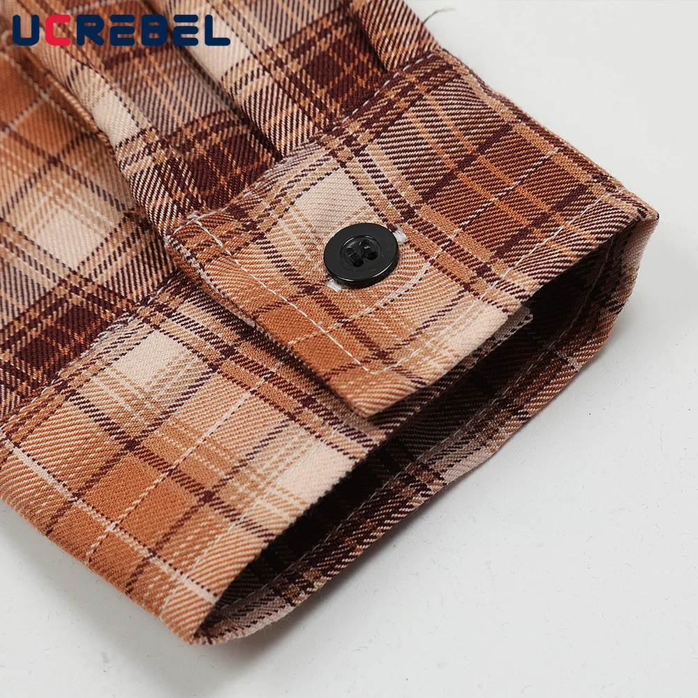 Letter Embroidery Plaid Shirts Mens High Street Loose Lapel Single Breasted Long Sleeve Shirts Men