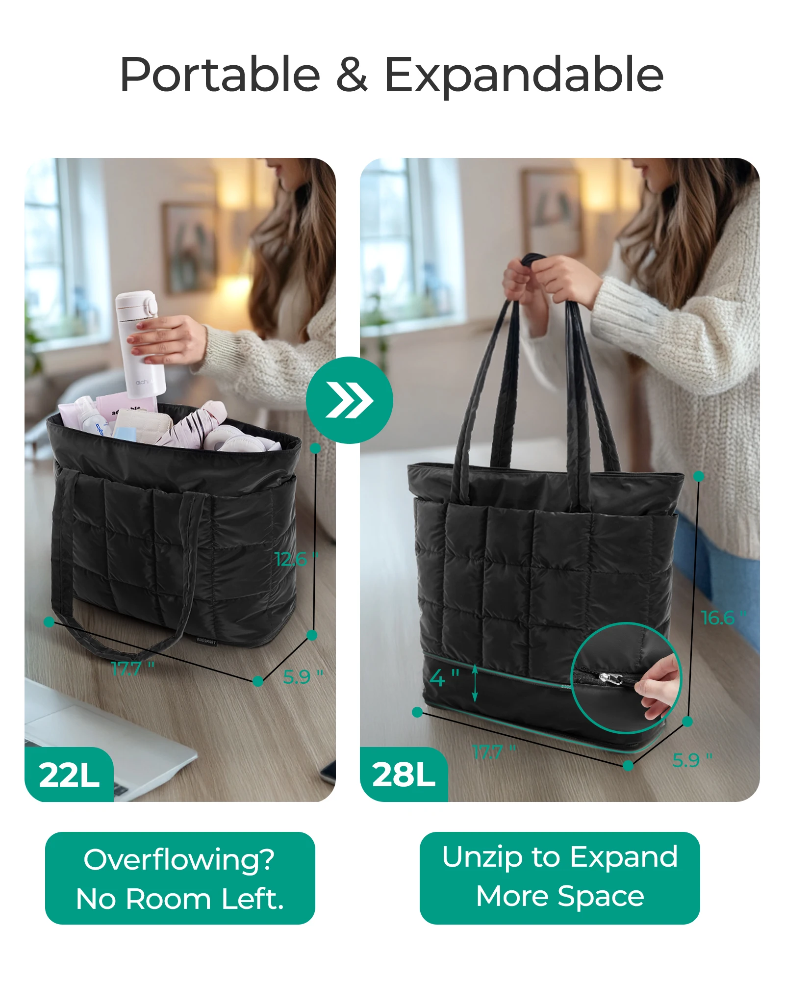 BAGSMART Travel Tote Bag Women Expandable Zipper Carry On Bag Water-Resistant Quilted Weekender Bag for Nurse Work