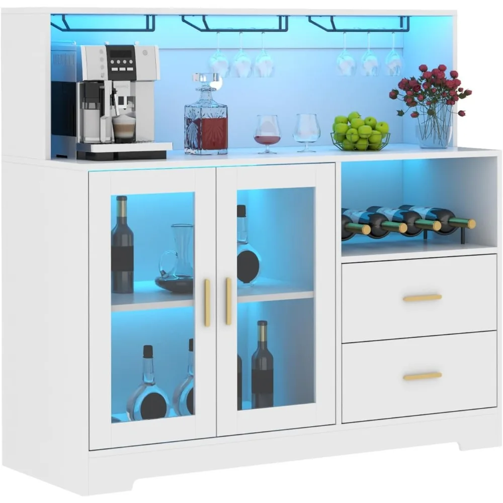 Wine Bar Cabinet with LED Light, Home Coffee Bar Cabinet with Wine & Glass Rack, Buffet Sideboard with Drawers & Microwave Stand