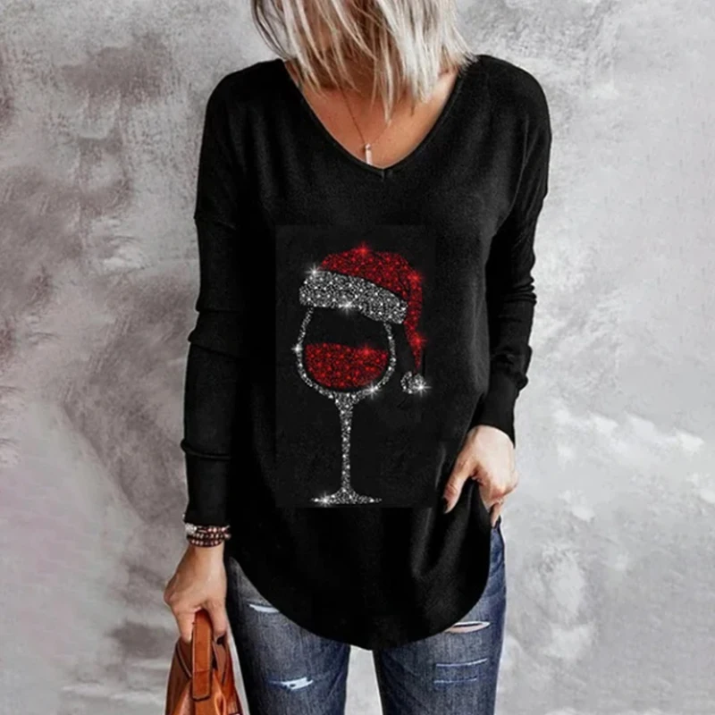 

2023 Autumn Winter Women Casual V Neck T-shirts Black Tee Christmas Hat Wine Glasses Print Long Sleeve Top