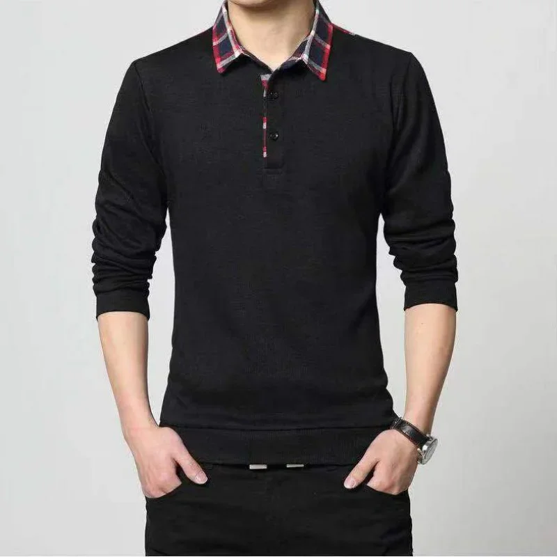 Spring Korean Casual Long Sleeve Polo Shirt Men's Lapel Print Button Patchwork Screw Thread Loose Cotton Tops JJ259