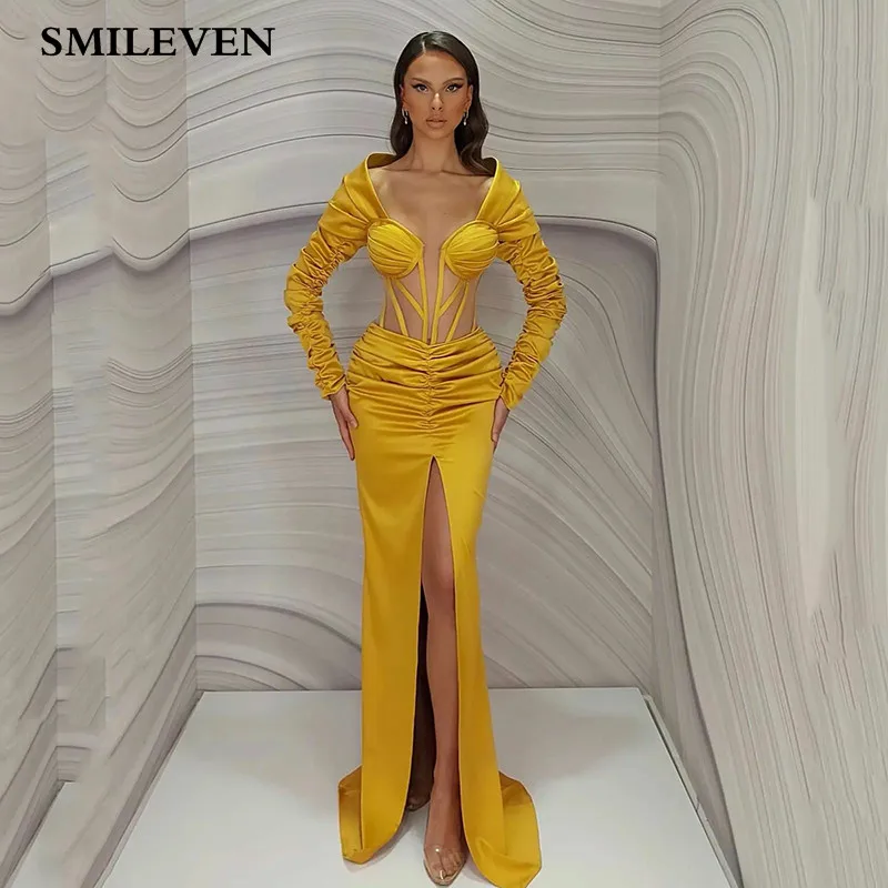 

Smileven Velvet Romantic Evening Dresses Corset Prom Dress Long Sleeve Side Split Saudi Arabia Straps Party Dress 2023