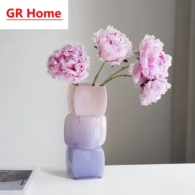 Creative Magic Cube Glass Vase, Vintage Colored Glaze Artistic Flower Vase Decor for Home Desks & Kitchen Islands