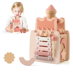 Children Geometric Castle Shape Block Puzzle Toys Kids Montessori Wooden Toys Baby Pink Castle Shape Matching Busy Box Toys