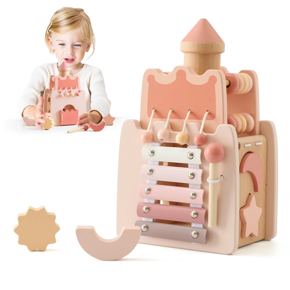 Children Geometric Castle Shape Block Puzzle Toys Kids Montessori Wooden Toys Baby Pink Castle Shape Matching Busy Box Toys