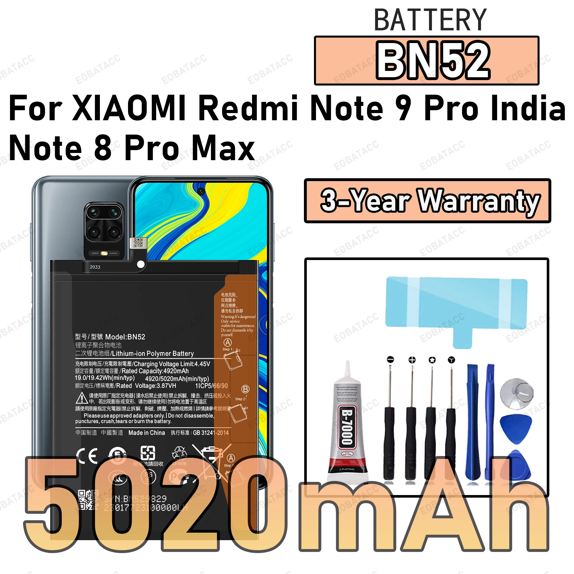 

100% New Zero Cycle BN52 Battery For XIAOMI Redmi Note 9 Pro India/Note 8 Pro Max Phone Replacement Bateria +Free Tools