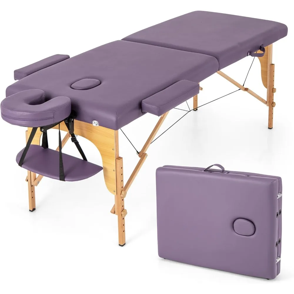 Massage Table, Portable Massage Bed w/Carrying Case, 2-Section Salon Spa Facial Care Tattoo Bed, Height Adjustable, Wood