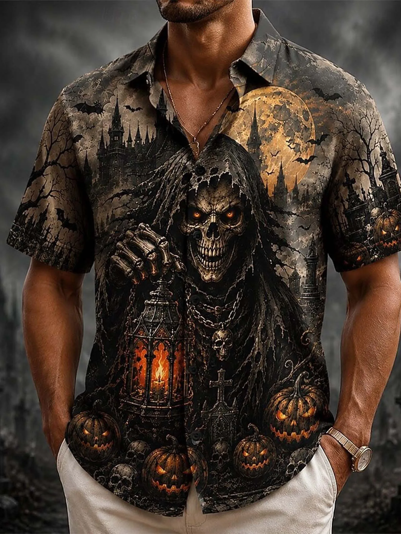 Men's Shirt Short Sleeve Halloween Grim Reaper Skull Pumpkin Moon Castle Print Loose Casual Summer Holiday Top Men Clothes