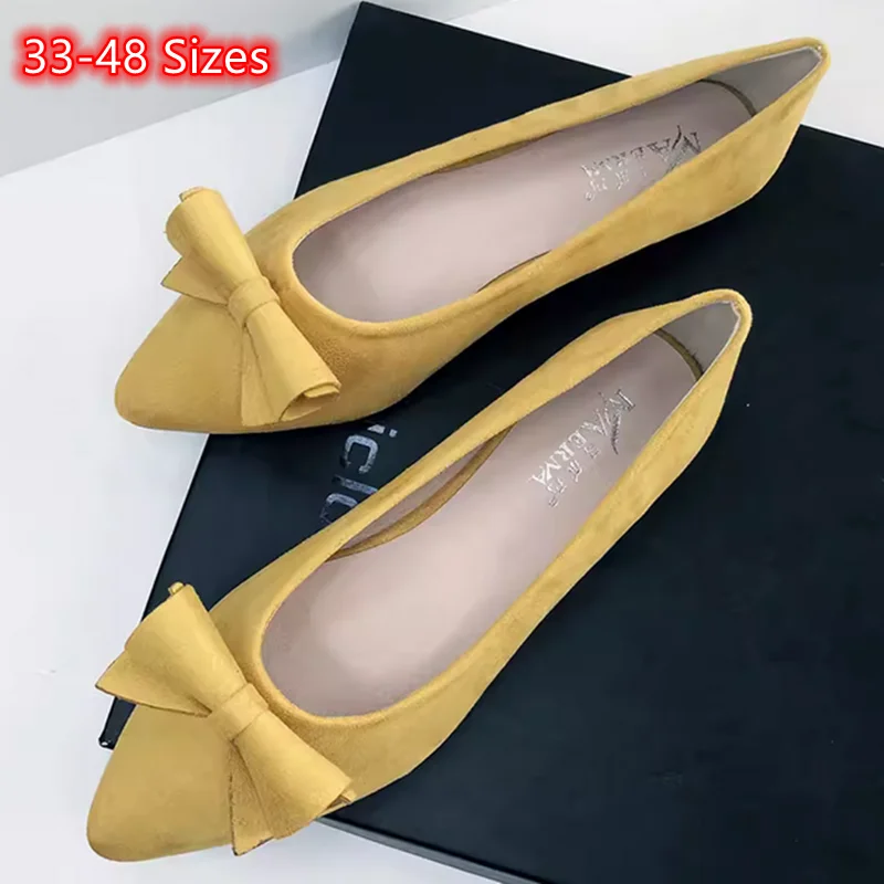 Lady Sweet Bow Ballet Flats Snug Spongy Sole Noiseless Slip-On In Yellow Coffee Narrow Toe Flock Dancing Shoes Plus Sizes 48-33