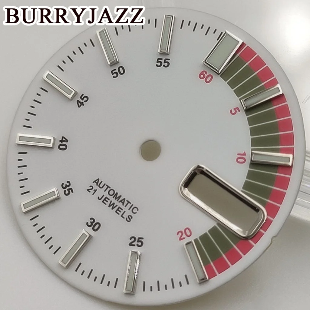 BURRYJAZZ-esfera de reloj NH36 de 28,5mm sin logotipo, esfera negra, azul, blanca, amarilla, verde, luminosa, ajuste de corona de caja de 3 en punto