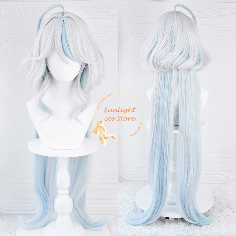 Fontaine Focalors Anime Cosplay Perruque pour Femme, Perruques sulfBouclées Bleues et Blanches, Degré de Chaleur, Perruques d'Halloween, Haute Qualité