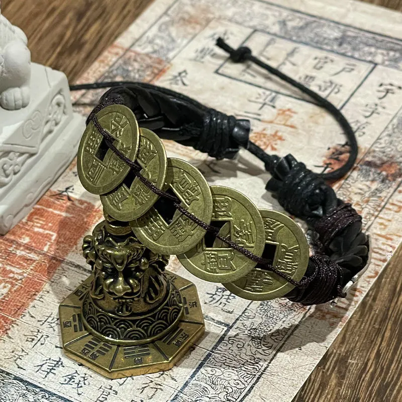 Snqp 2026 Classic 2026 New Chinese Style Vintage Five Emperor Coins Bagua Braided Leather Adjustable Bracelet Lucky Fortune Bles