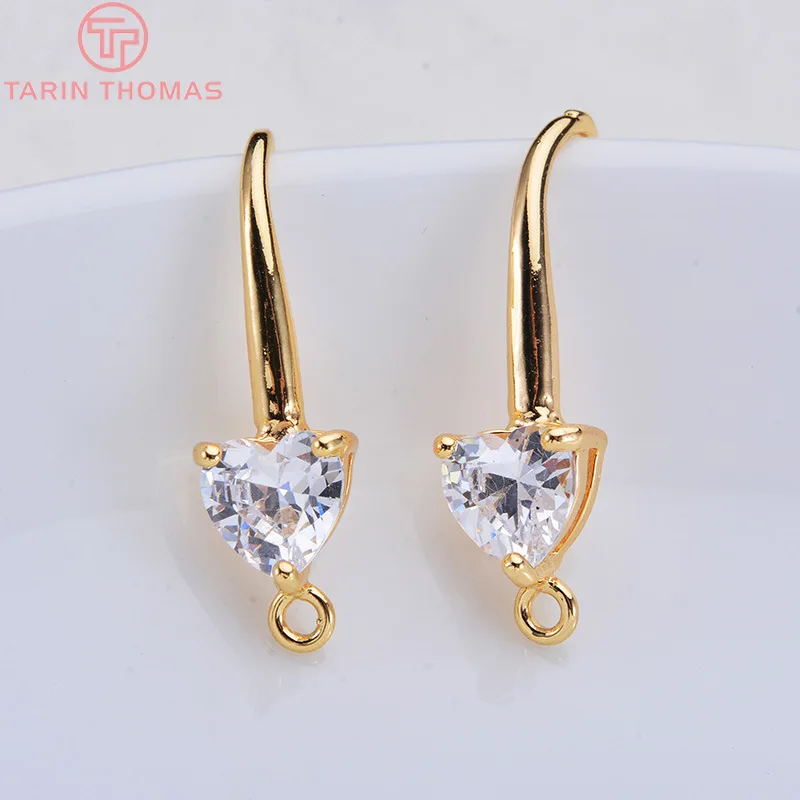 (2560)6PCS 22MM Heart 6.5MM 24K Gold Color Brass with Zircon Heart Earrings Hooks High Quality Results Of Jewelry Accessories