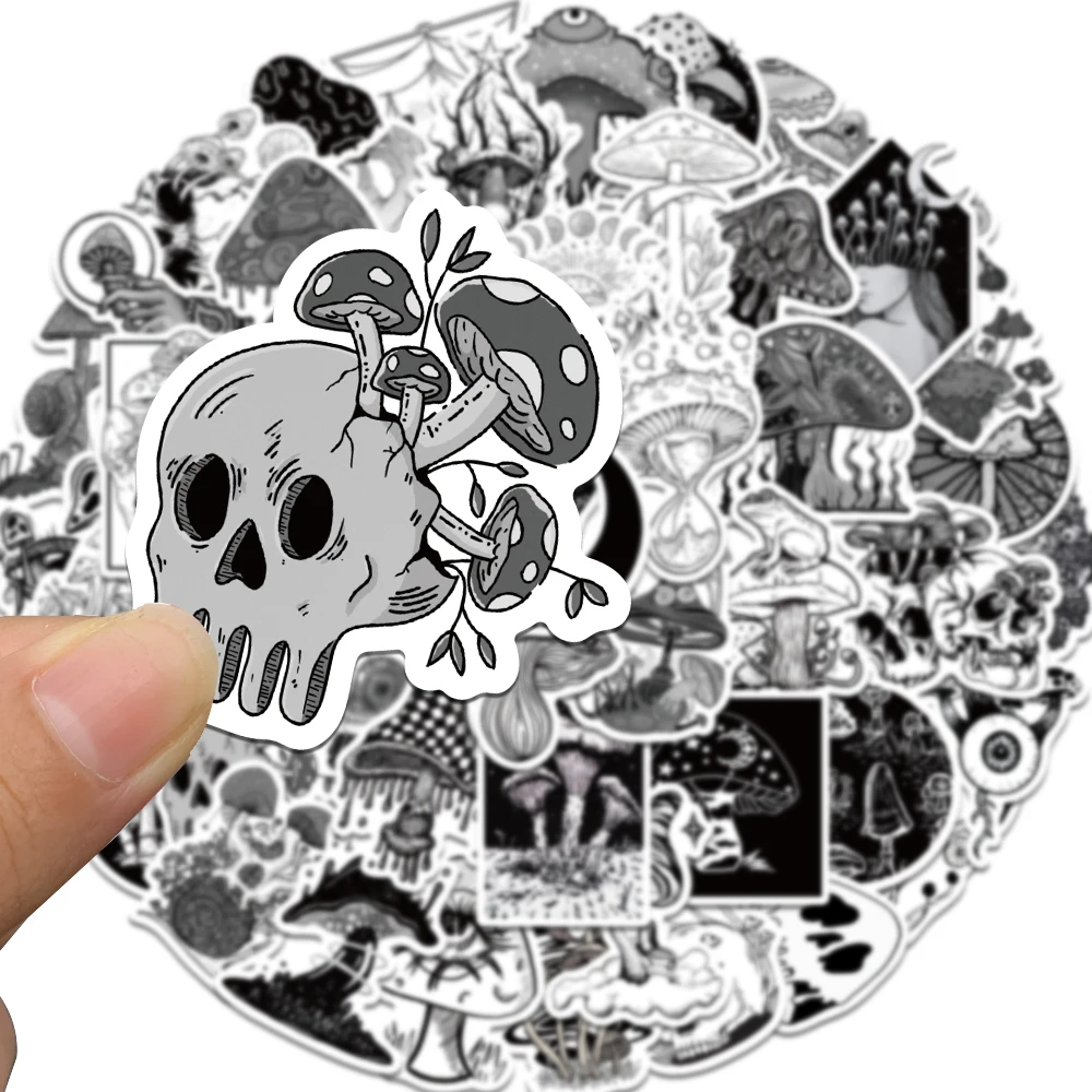 50PCS Gothic Stickers Waterproof Vinyl Stickers Perfect for Laptop Phone Car Skateboard Black White Punk Mushroom Toy Decals