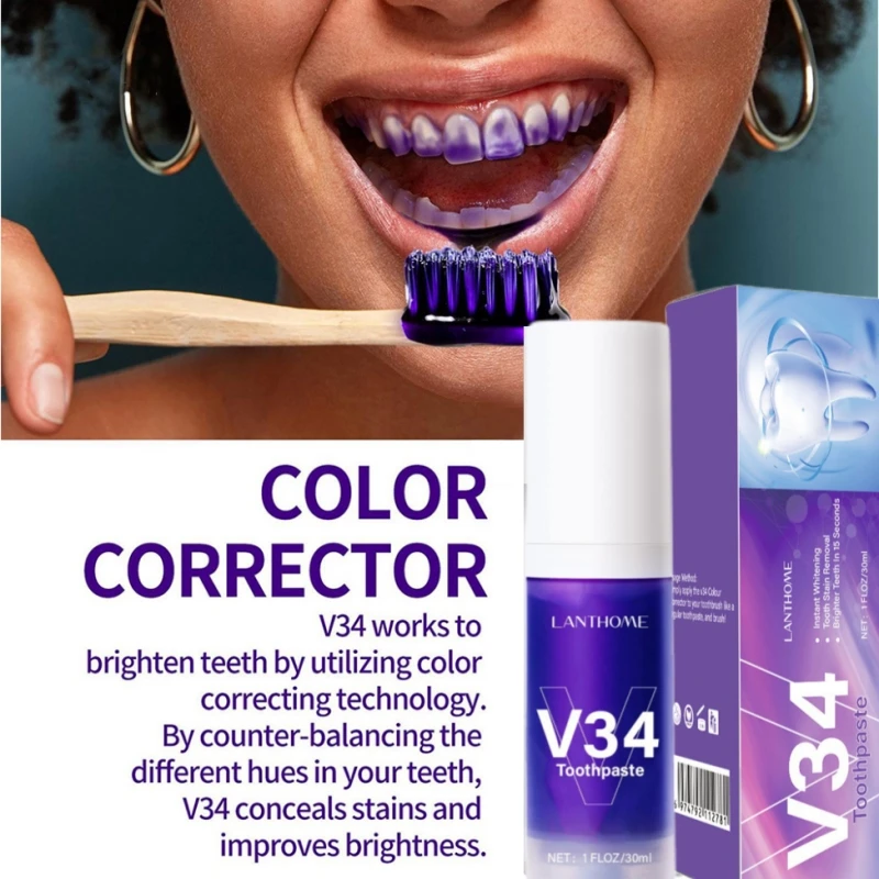 Corrector púrpura V34 Pro, pasta de dientes blanqueadora, cuidado del esmalte, fácil eliminación de sonrisa, placa, mancha, Reduce el amarillento, cuidado de limpieza bucal