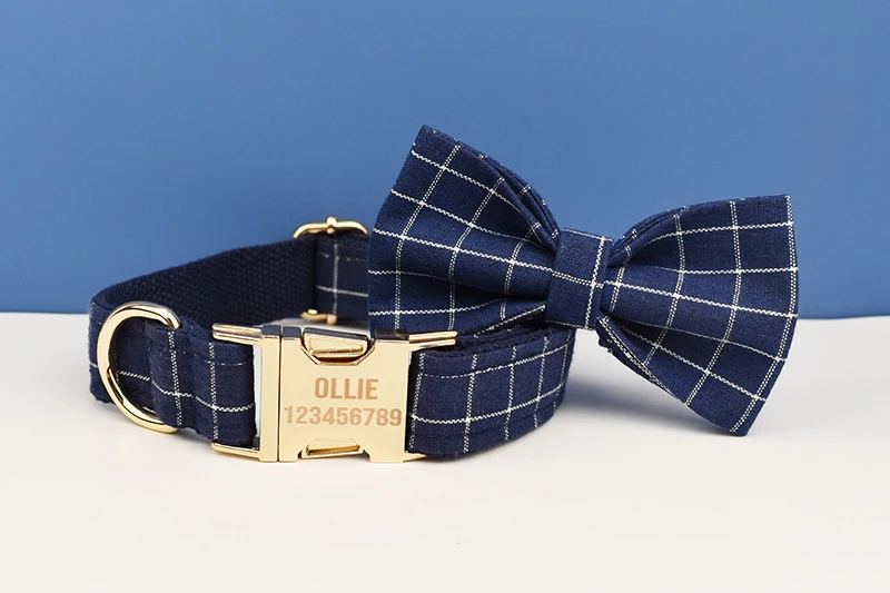 Dark Blue Check Dog Collar Leashes Harness Bow Set Grid 02