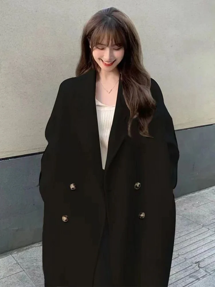 Blends Winter Long Coats for Women Tender Korean Fashion Double Breasted Classy Street Lapel Overcoats Loose Vintage Chic Youth