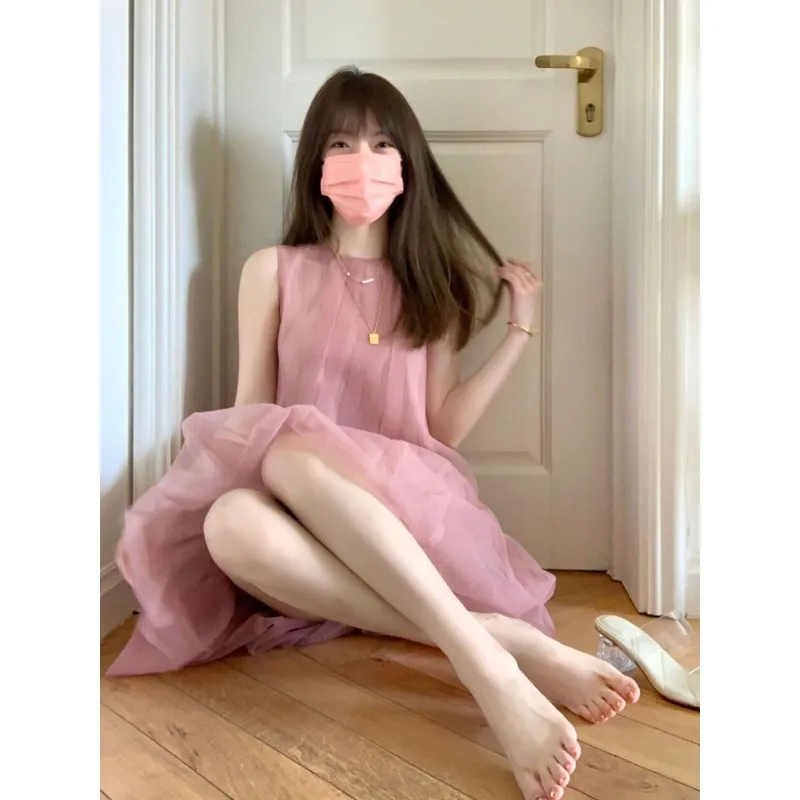 Vestido francés sin mangas de color rosa suave y dulce para mujer, nuevo diseño avanzado, vestido versátil y elegante