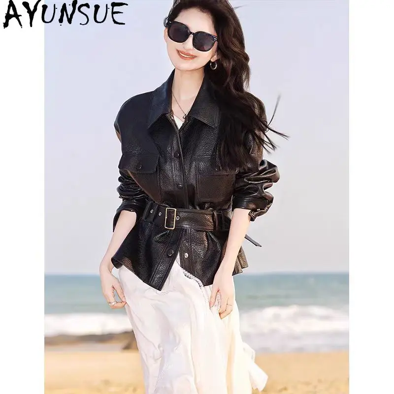 AYUNSUE سترة جلدية حقيقية للنساء 2025 ملابس ربيع الخريف معطف جلد الغنم معاطف نسائية حزام Jaqueta De Couro