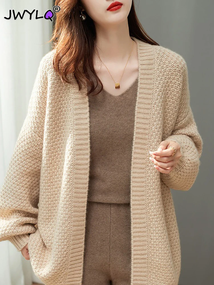 Elegant Loose Long Sleeve Thick Knitted Cardigan Women New Autumn Winter Soft Solid Color Sweater Korean Fashion Streetwear 2023