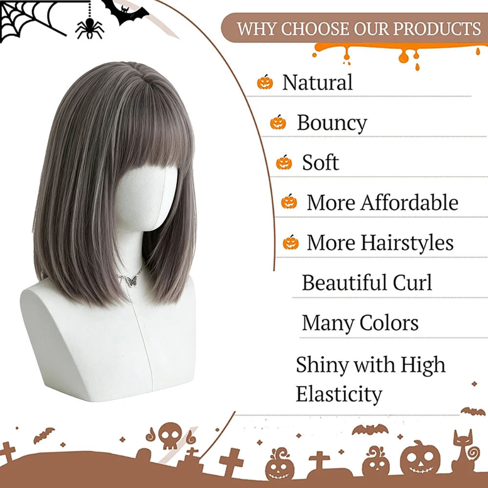 Fashion Straight Bob Wig For Asian Women Ash Gray Synthetic Hair With Bangs Versatile Wig For Daily Date Party Anime Cosplay Use