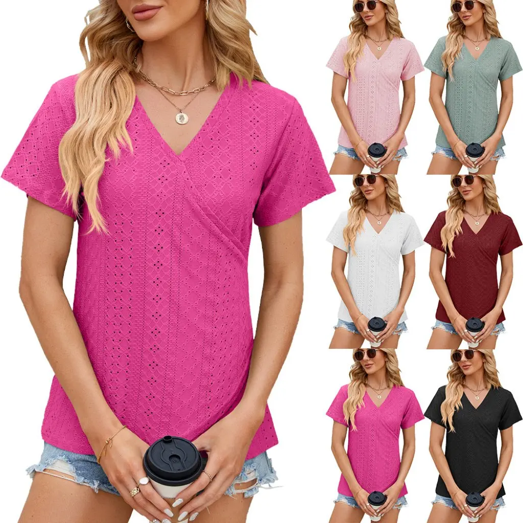 

Women's Solid Color V-Neck T-Shirt Short Sleeve Loose Top Spring Summer New Fashion by