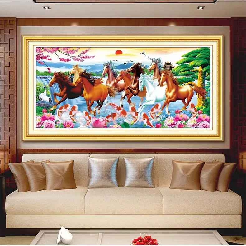 

11ct 150x75cm Horses Fishes Embroidery DIY Chinese Style Printed Kits Cross Stitch Needlework Set Decor Crafts With Needles