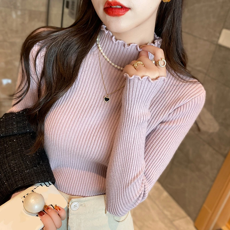 

2025 Fall Fashion Ruffled Pullover Long Sleeved Sweater Women Elegant Autumn Winter Slim Casual Knitted Tops Korean Style
