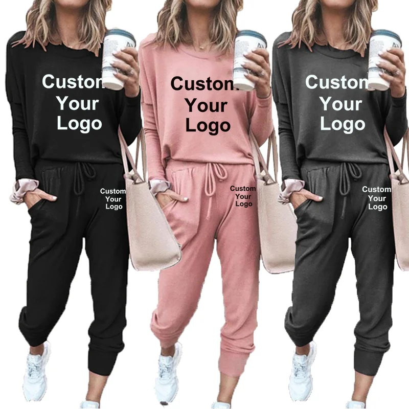 Women\'s Fashion Custom Your Logo 2 Piece Set Jogging Suit Casual Pullover Tracksuit Sportswear Long Pants Sweatshirts Outfits Jo