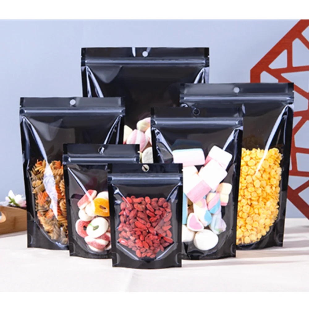 100pcs Black Standing Up Aluminized Foil Zip Lock Bags with One Side Clear - Zipper Resealable Pouches for Snacks Nuts Packaging