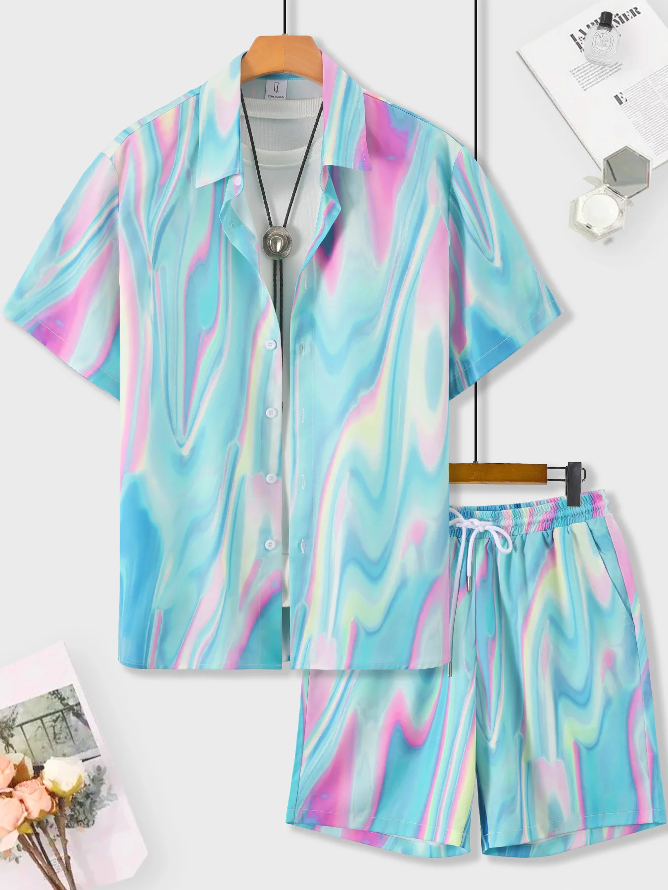 

Men's Tie Dye Gradient Cuban Collar Shirt Set 2 Piece Summer Short Sleeve Drawstring Beach Shorts Outfit