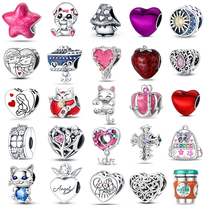 925 Silver Color Cute Cat Mushroom Pink Star Heart-Shaped Charms Beads Fit Qikaola 925 Original Bracelets DIY Christmas Jewelry