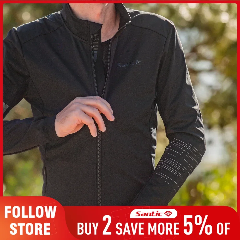 Santic Men's Cycling Jacket Autumn Winter Full Zipper Windproof Outfit Outdoor Reflective Long Sleeve Cycling Outerwear Jersey