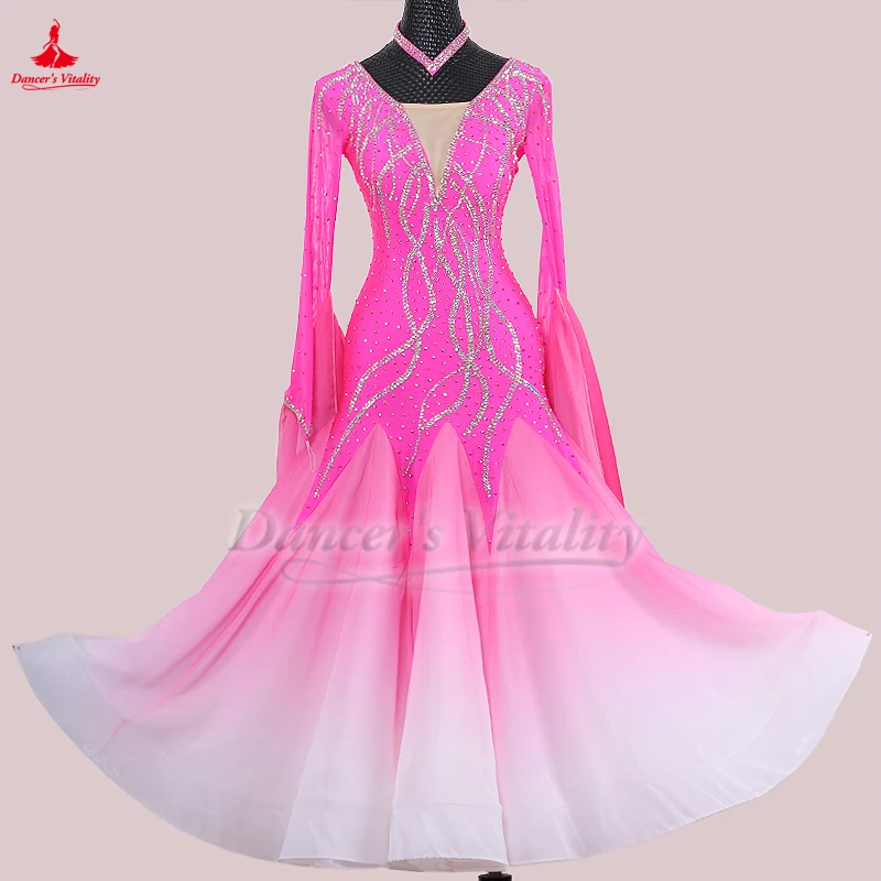 성인 왈츠 폭스트롯 탱고 퀵스텝 로즈 그라디언트 컬러 긴 소매 빅 스윙 드레스 여성 공연 및 대회 의상 맞춤