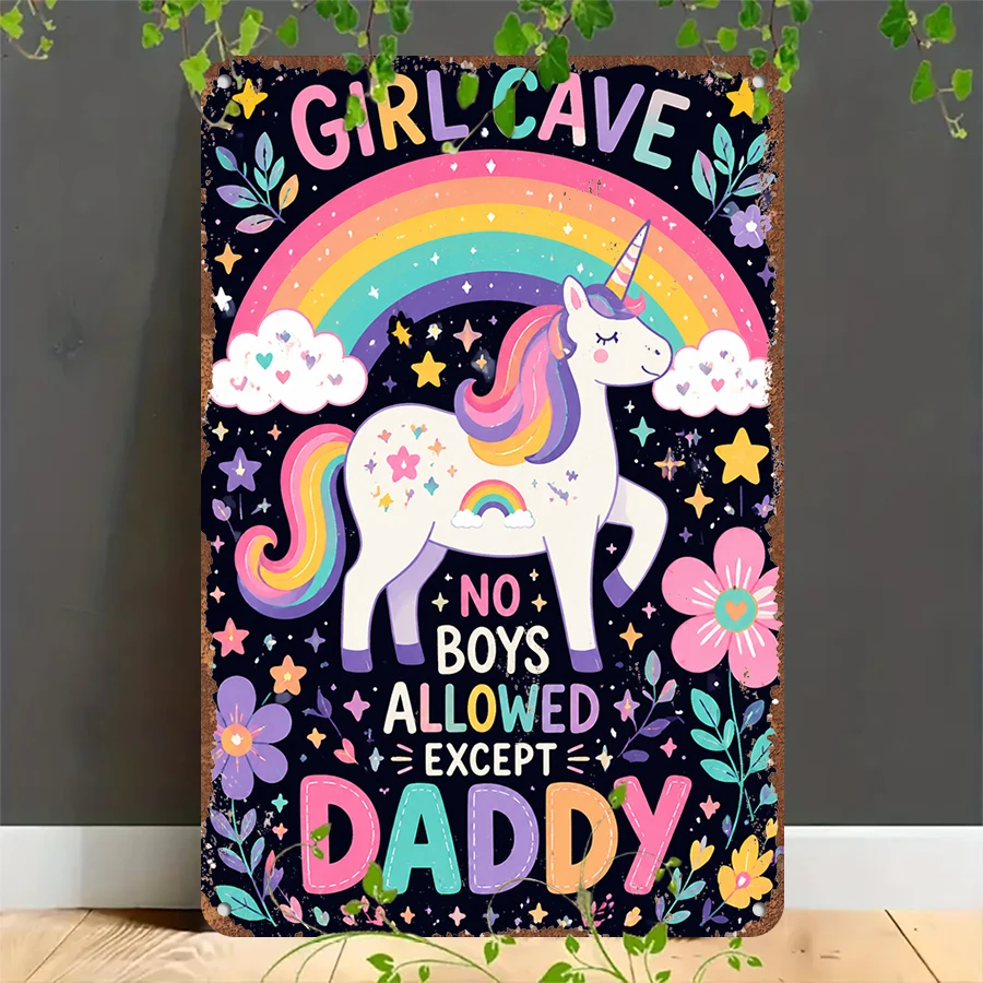 2D flat retro metal tin plate,  Unicorn Girl Cave Daddy Welcome Tin Sign, Suitable for home, garage, café, bar and garden decoration