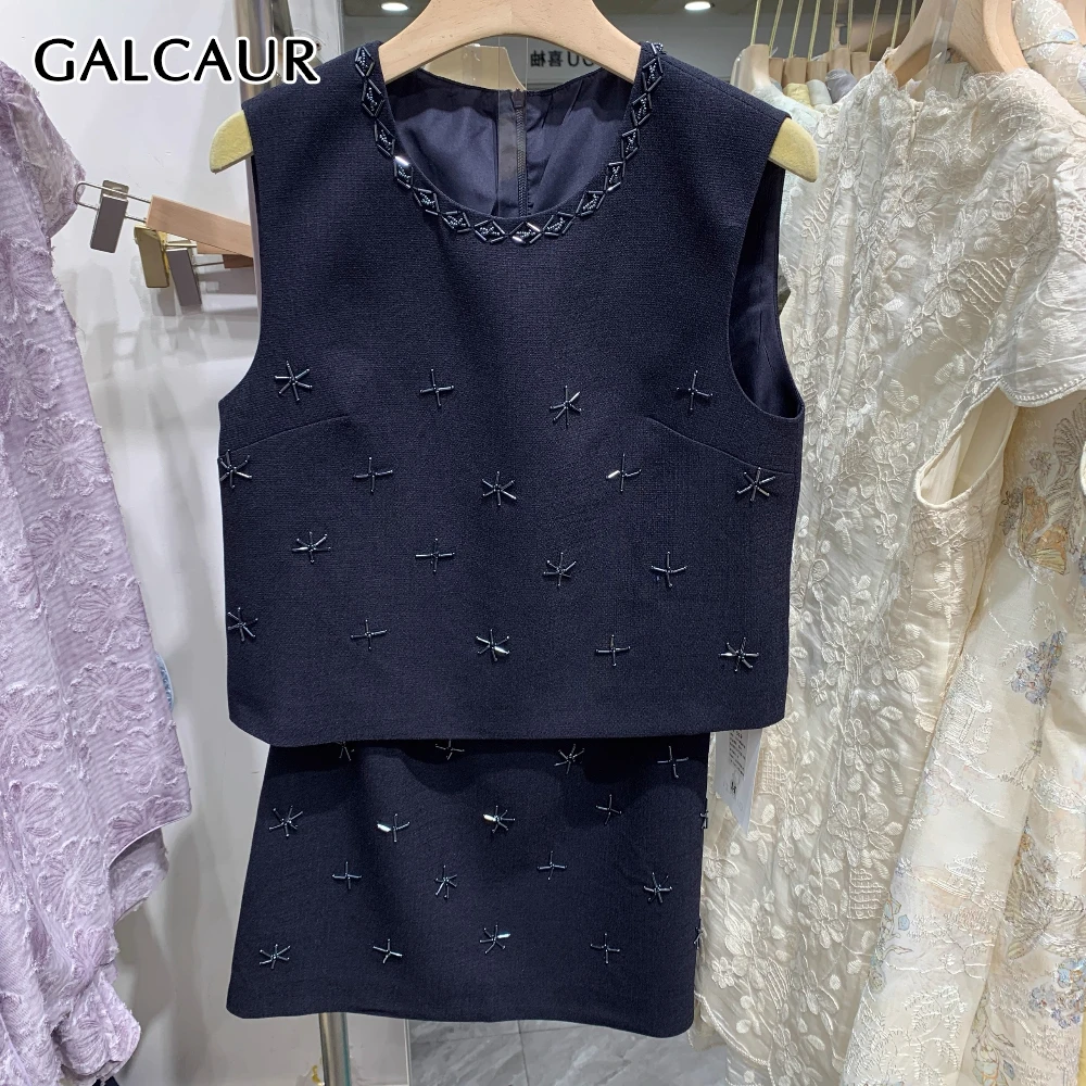 

GALCAUR однотонный комплект из двух предметов с бусинами, женский жилет без рукавов с круглым вырезом и высокой талией, повседневные элегантные женские комплекты с юбкой, новая мода