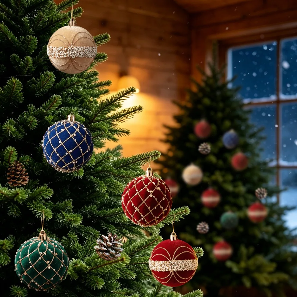 8Cm Christmas high-end decorative hanging ball 9pcs set Christmas ball flocking light luxury star pearl hanging ball