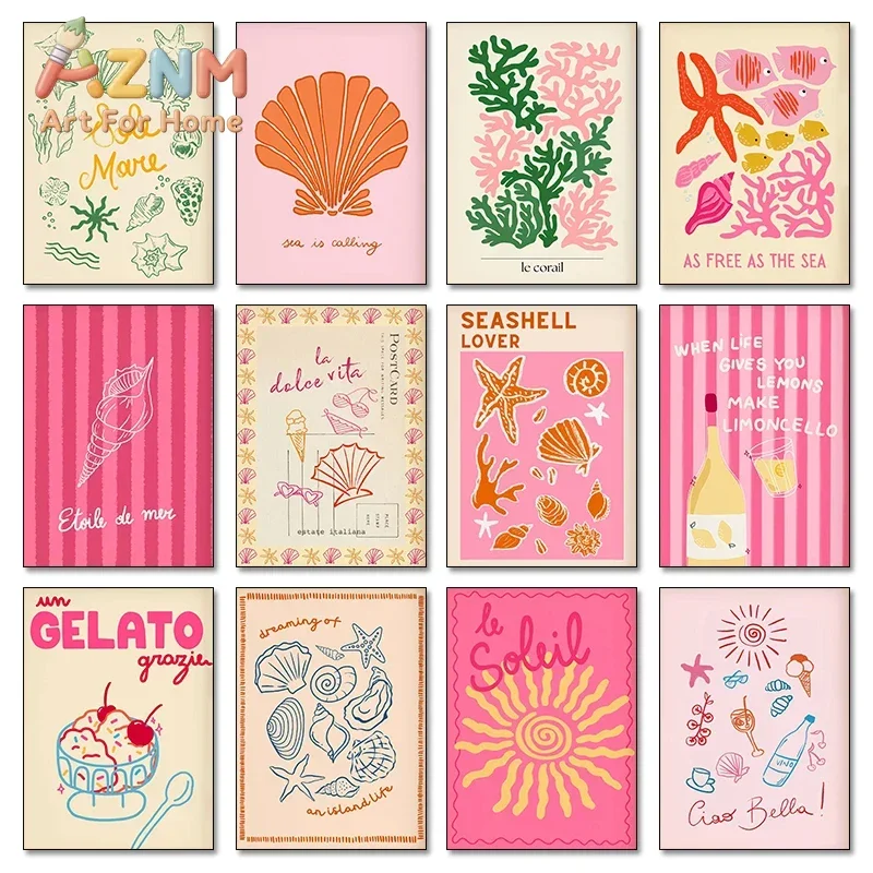 AZNM Pink Mediterranean Summer Canvas Wall Art Seashell Coral Gelato La Dolce Vita Poster, Unframed Canvas Print for Coastal Bea