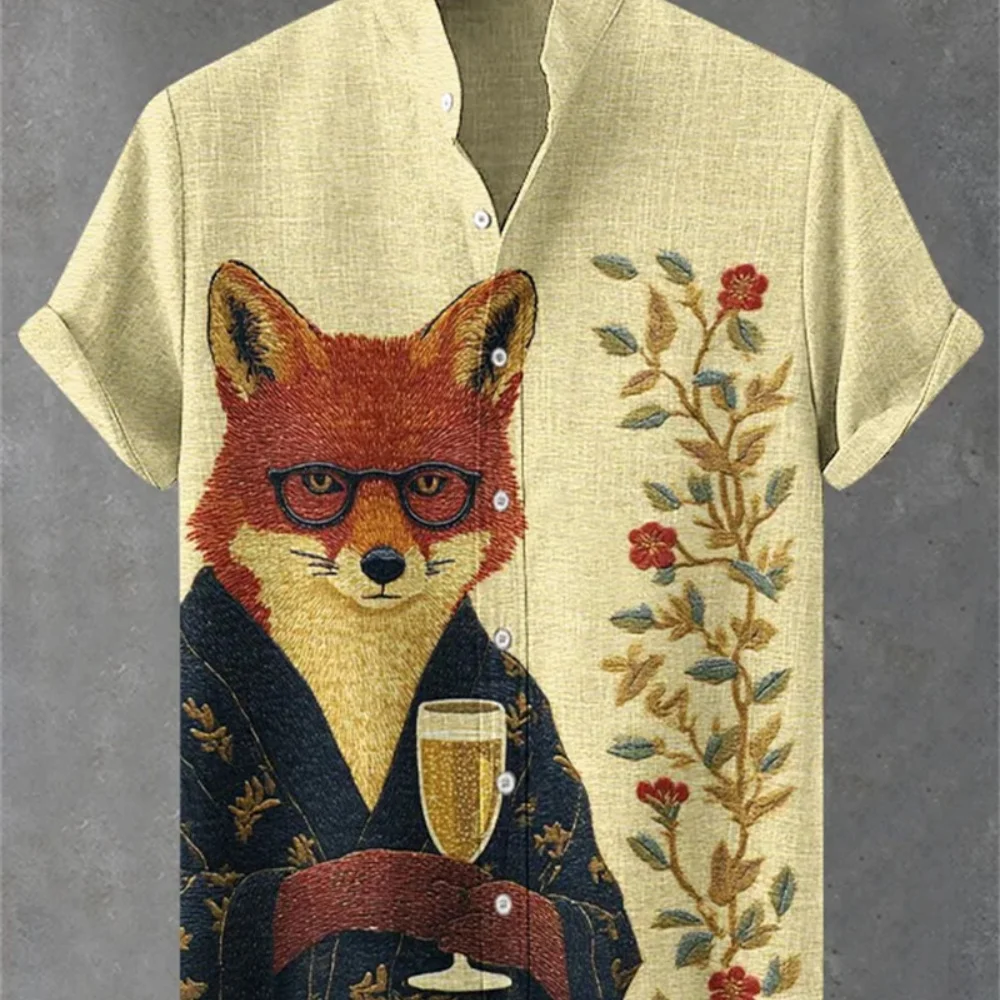 Męska koszula letnia z krótkim rękawem, abstrakcyjny nadruk 3D z kreskówkowym kotem, stójka, zapinana na guziki, modna odzież hawajska.