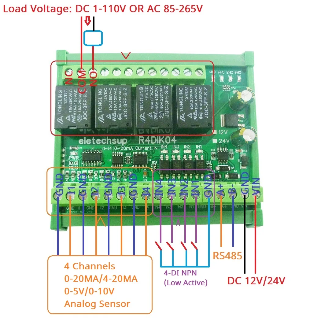 Módulo de entrada ModBus, adquisición de cantidad analógica Digital, valor de conmutación, voltaje de corriente 4-20MA 0-5V 0-10V 4AI 4DI 4DO