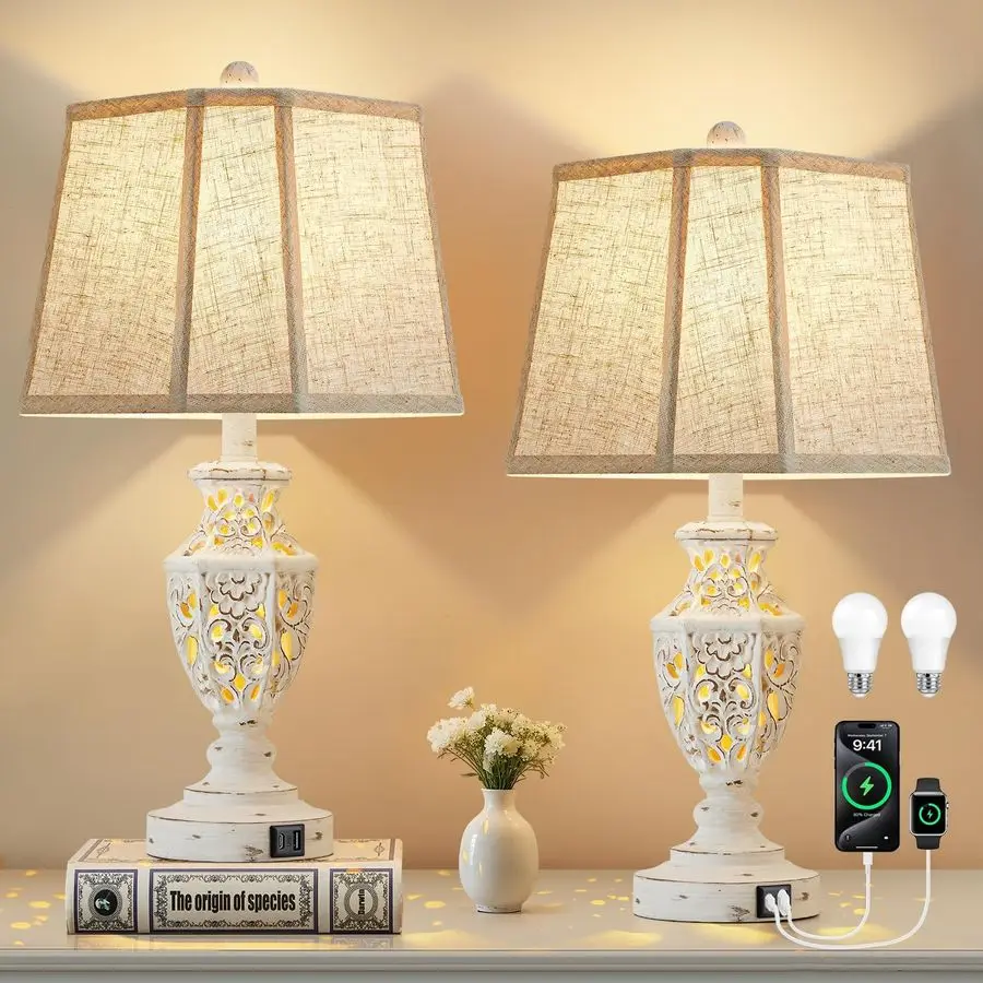 para mesitas de noche, juego de 223,5 lámparas de noche bohemias con USB AC y luz nocturna, lámpara de mesa de granja de resina tallada rústica color crema para Be