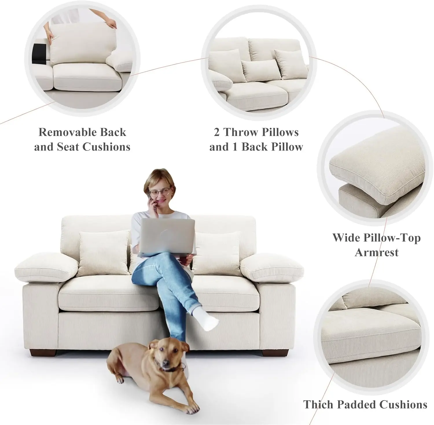 Loveseat-sofá tapizado de chenilla para sala de estar, cojines de asiento trasero extraíbles, 73"