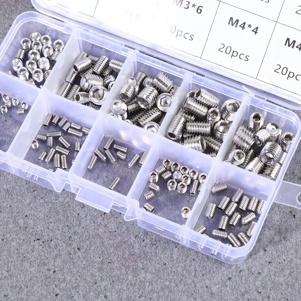 200 pçs parafuso de aperto hexagonal serrilhado copo ponto conjunto grub soquete plano aço inoxidável hexágono rosca sem cabeça encaixotado