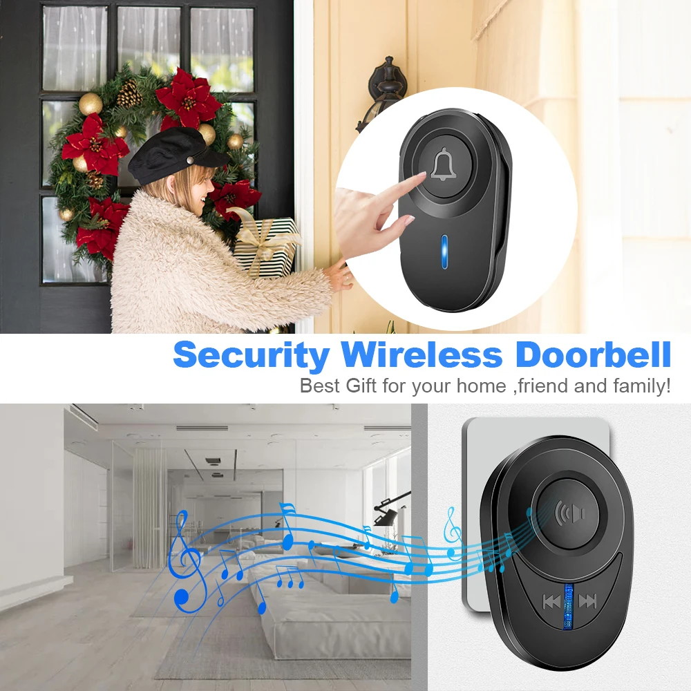 ONMYST Smart Home Wireless Doorbell IP44 Waterproof Doorbell Chime Kit 48 Chords LED Flash Security Alarm Door Bell